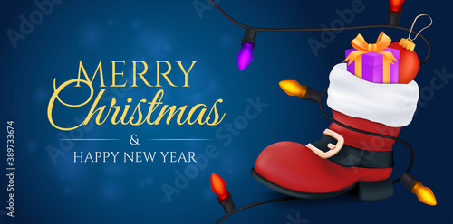 Merry Christmas and a happy new year banner. Red Santa Claus boot filled of a gift box and a ball toy with a colourful garland on it. Vector illustration on a blurred background with a bokeh effect