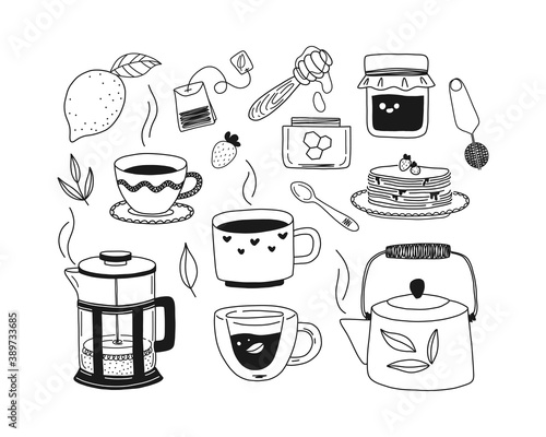 Set hand-drawn cups of tea, teapot, herbs, lemon, honey, jam, pancakes, french press. Black and white vector illustration.