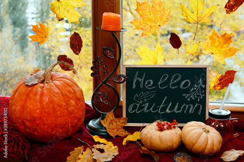 Cozy autumn still life. Pumpkins, candles, foliage against the background of a window wet from the rain.
