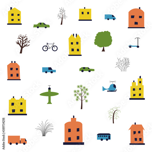 Children s city cars installed with houses and trees. Funny transport. Cartoon vector illustration in a simple style for children