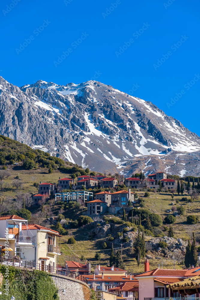 Scenic view of the famous winter resort of Arachova on mountain Parnassus, Greece.