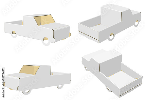 High resolution image mini truck box template isolated on white background, high quality details of cardboard © Marko