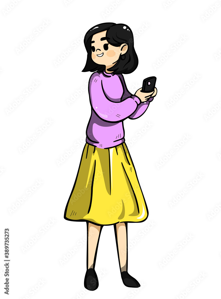 Woman holding smartphone. Color flat vector illustration