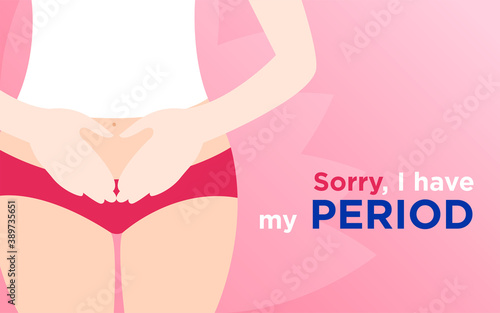 Menstrual period Vector poster with copy space Woman in red lingerie is holding hands on her belly on pink gradient background