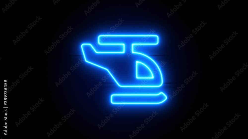 Helicopter neon sign appear in center and disappear after some time. Animated blue neon symbol on black background. Looped animation. Helicopter neon sign appear in center and disappear after some time. Animated blue neon symbol on black background. Looped animation.