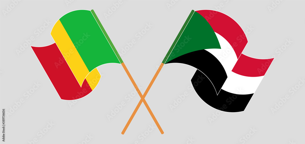 Crossed and waving flags of Mali and Sudan Crossed and waving flags of Mali and Sudan