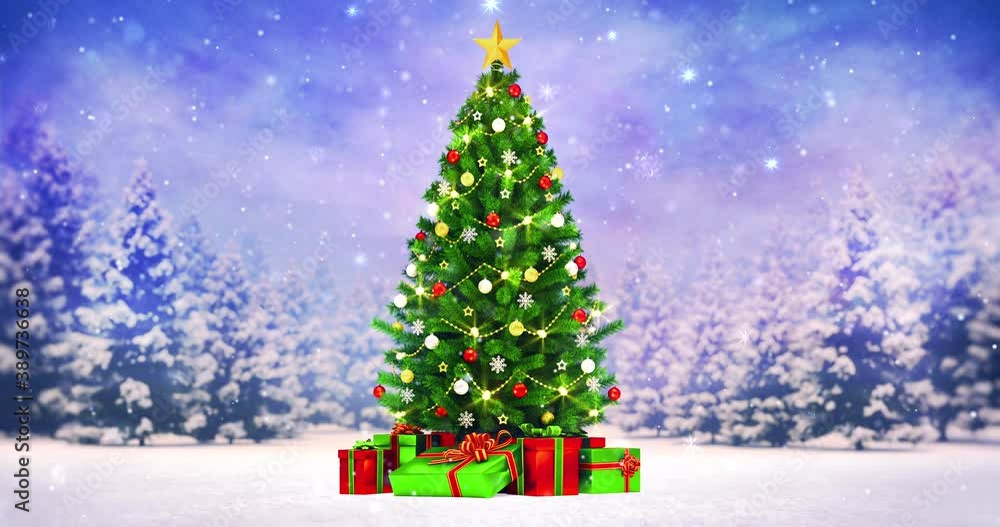 Gorgeous Christmas tree in a winter day with falling snow over magic forest. Winter holiday season 4k background.
Gorgeous Christmas tree in a winter day with falling snow over magic forest. Winter holiday season 4k background.