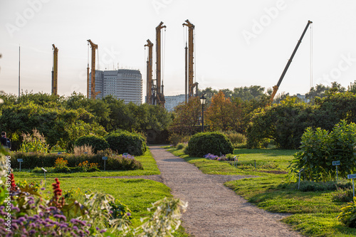 16.09.2020, Moscow, Russia. Walking around Kolomenskoye park in the autumn on background of special equipment.