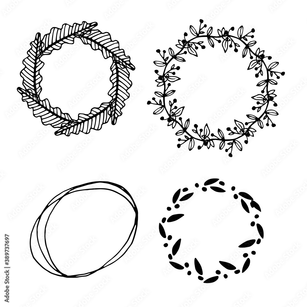 Circle floral borders. Sketch frames, hand-drawn with ink. Vector illustration.