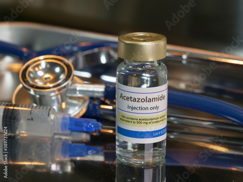 Vial of Acetazolamide with stethoscope and syringe photo