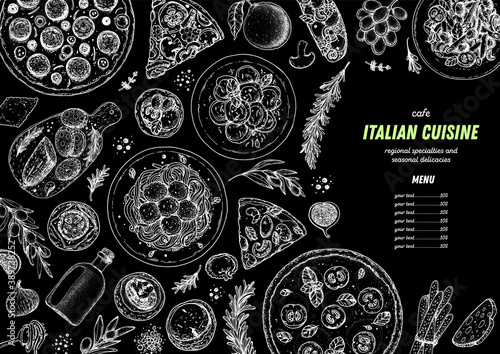 Italian Food. Top view. Sketch illustration. Italian cuisine. Design template. Hand drawn illustration. Black and white. Engraved style. Authentic dishes.