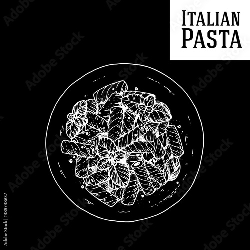 Penne pasta dish vector illustration. Italian cuisine. Pasta dish. Hand drawn sketch illustration. Italian food. Top view.