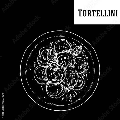 Italian tortellini hand drawn vector illustration. Tortellini top view. Packaging design template. Sketch illustration.