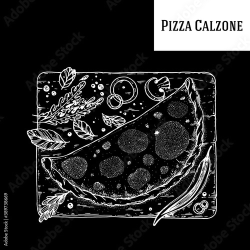 Italian Pizza calzone hand drawn vector illustration. Calzone Pizza top view. Packaging design template. Sketch illustration.