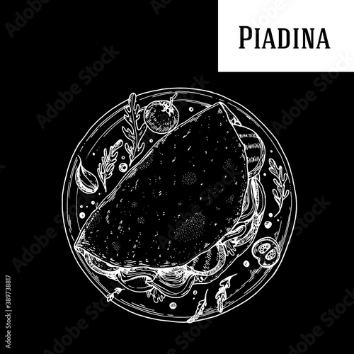 Italian Piadina hand drawn vector illustration. Piadina top view. Menu design template. Sketch illustration.