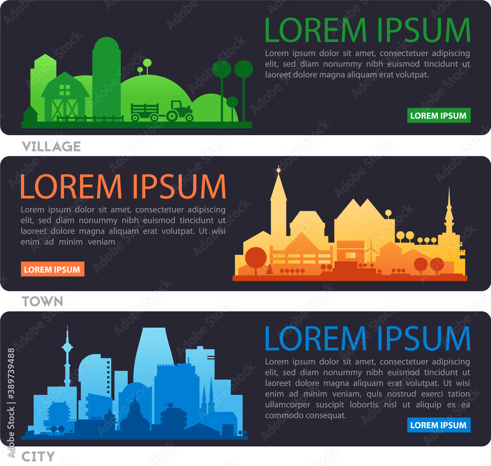 Abstract stylish cityscape infographics. Infographics elements collection with town, city, farm and industrial districts