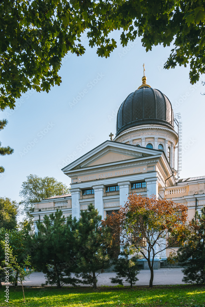 ODESSA, UKRAINE - OCTOBER 10, 2020: Exterior of the Transfiguration Cathedral in Odessa, autumn.