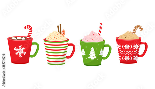 Christmas vector cups with drinks. Holiday mugs with hot chocolate, cocoa or coffee, and cream. Candy cane, cinnamon sticks, marshmallows. Winter illustration