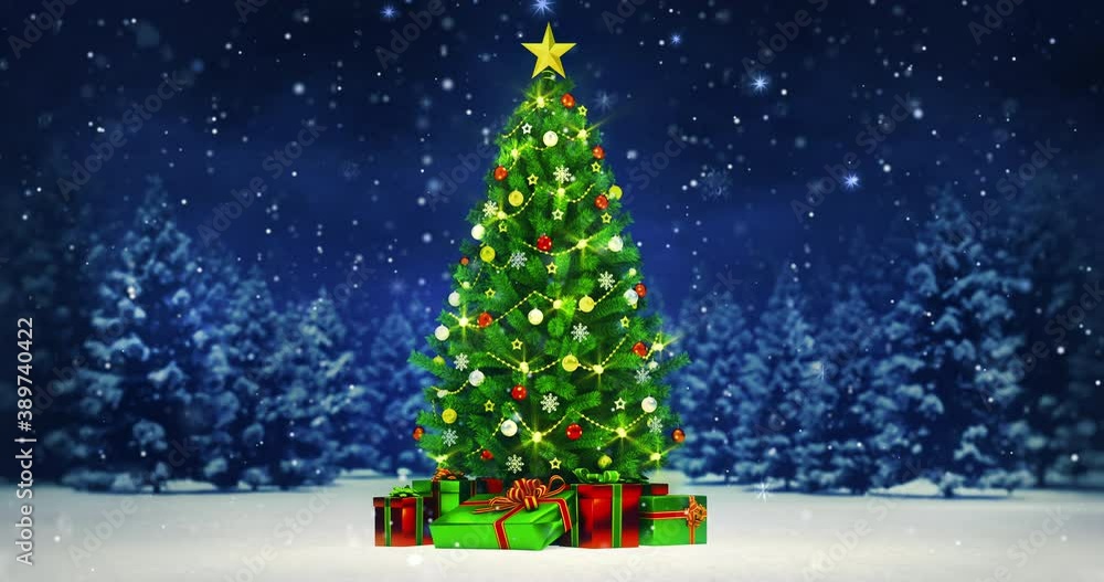 Gorgeous Christmas tree in a winter night with falling snow over magic forest. Winter holiday season 4k background.
Gorgeous Christmas tree in a winter night with falling snow over magic forest. Winter holiday season 4k background.
