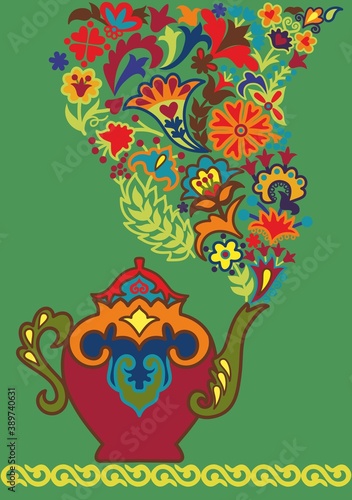 Kettle.Vector pattern with tatar ornament. Eastern stylish abstract background. Colorful flat oriental texture for wrapping