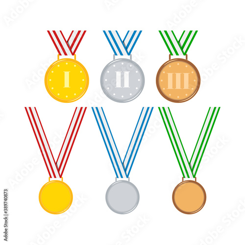Gold, silver, bronze medals with ribbon set isolated on white background. Cartoon awards badge with red, blue, green ribbon number 1 2 3. Icon of first, second, third place. Vector flat illustration. 