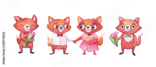 Cute watercolor fox cubs isolated on white background. Holiday characters with flowers for party, celebrations
