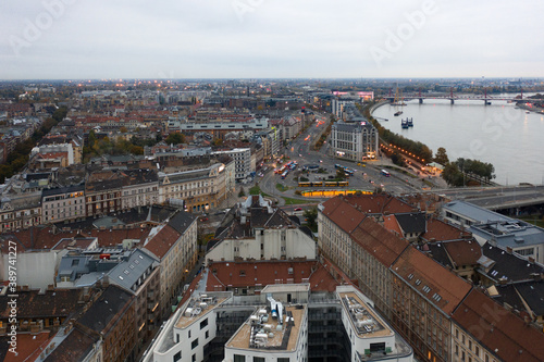 Hungary - Budapest - Boraros square next to the Danube river from drone view