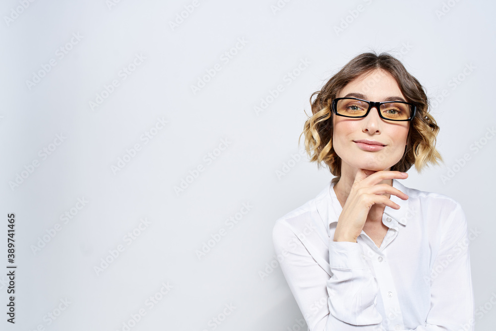 Woman business finance glasses work office light background portrait model
