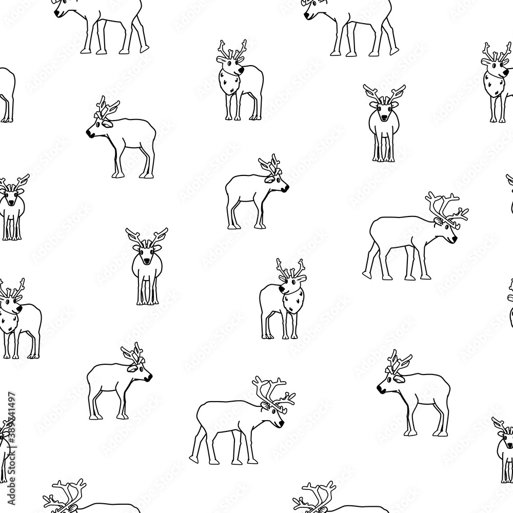 Obraz premium Black and white Deers and caribou seamless repeat pattern for colloring book