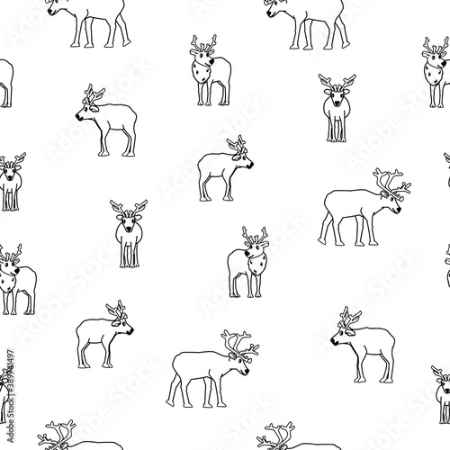 Black and white Deers and caribou seamless repeat pattern for colloring book