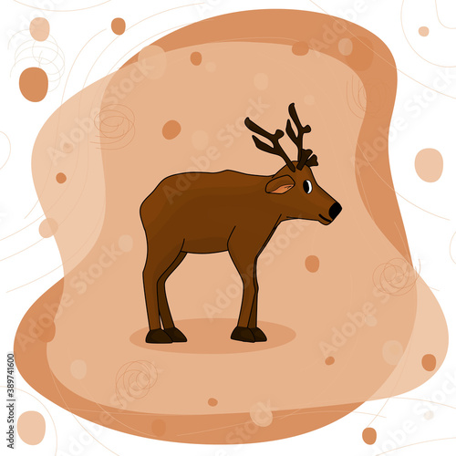Cute hand drawn cartoon deer with antlers or caribou on brown background