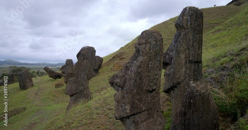 Pan right, Easter Island statue in Chile
