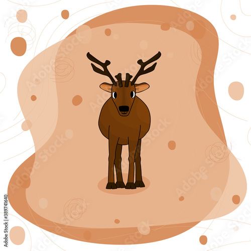 Cute hand drawn cartoon deer with antlers or caribou on brown background