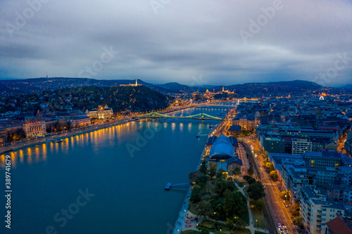 Hungary - Budapest with Danube river from drone view
