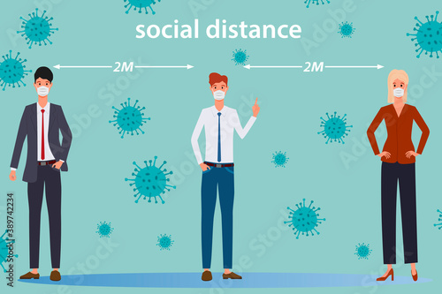 A group of masked people maintain a social distance.The safety precautions during an outbreak of the coronavirus and influenza.Flat vector illustration.