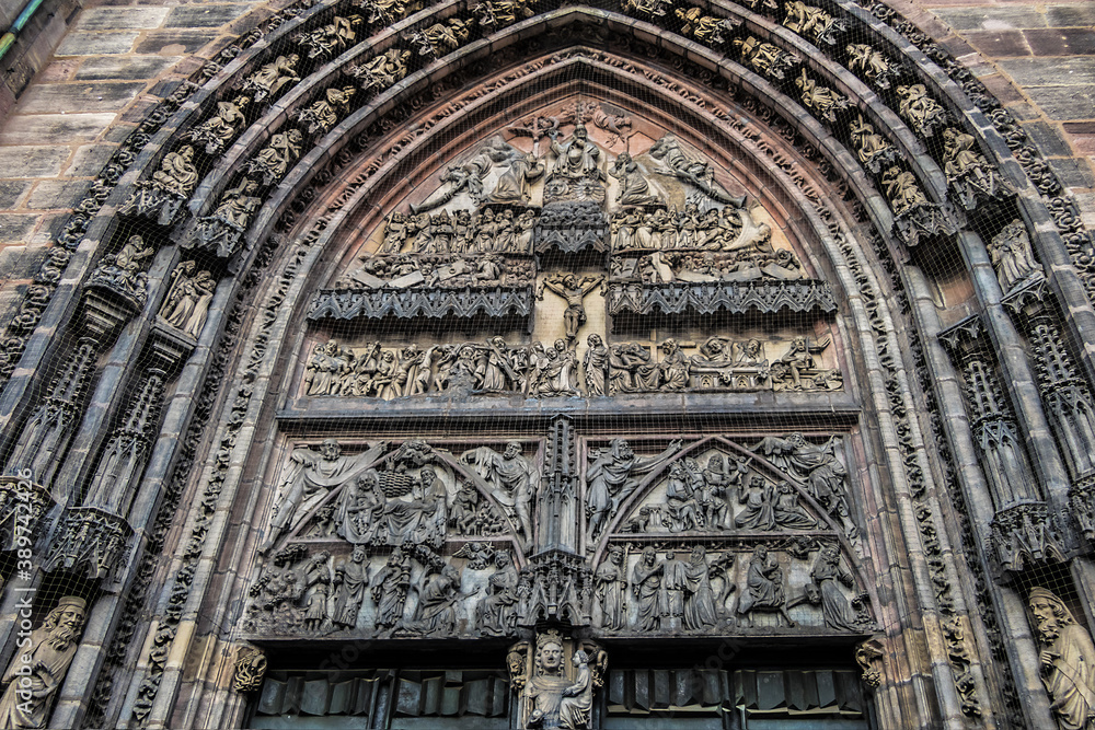 Gothic facade of Saint Lawrence (Lorenz, 1477) church in the old town of Nuremberg, Bavaria, Germany.
