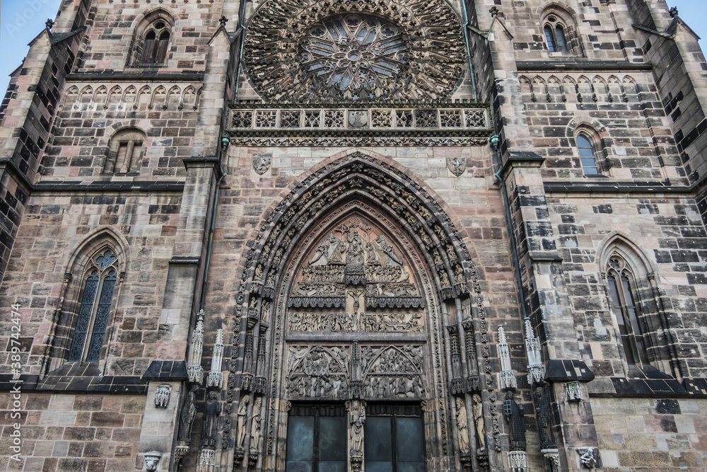 Gothic facade of Saint Lawrence (Lorenz, 1477) church in the old town of Nuremberg, Bavaria, Germany.