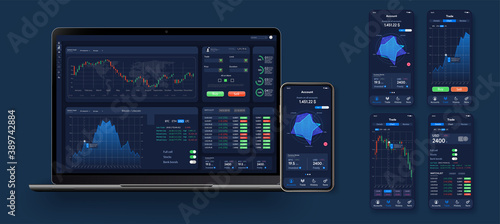 Trading candlestick chart on electronic devices vector illustration. Stock exchange market graph, analysis UI, UX on smartphone, desktop and tablet. Forex market. Binary option. App screen for trading