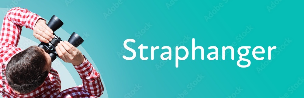 Naklejka premium Straphanger. Man observing with binoculars. Focus on text/word. Panorama format. Blue/turquoise background.