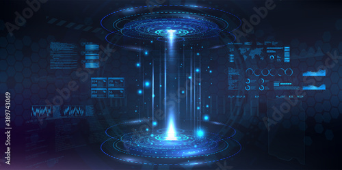 Futuristic circle 3D lab - stage with HUD elements for UI, GUI, App background. Blank podium for show your product. Modern stage in cyberpunk style. Holograms hi-tech demonstration. Vector show room
