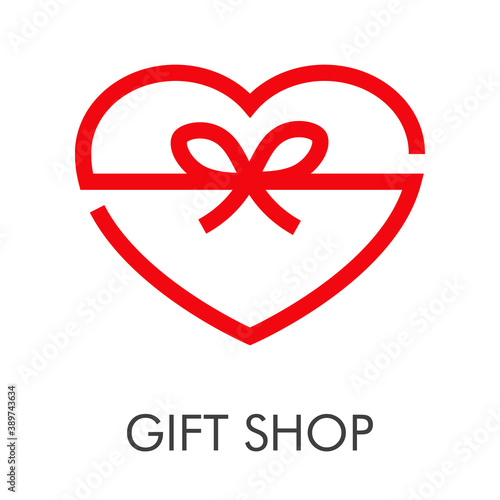 Logotipo con texto Gift Shop con corazón con forma de caja de regalo con nudo de lazo con cinta con lineas en color rojo