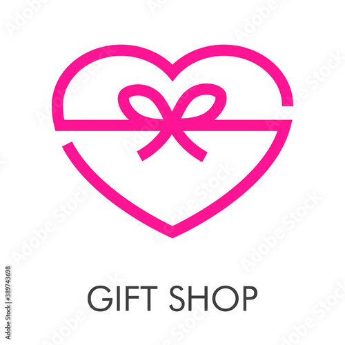 Logotipo con texto Gift Shop con corazón con forma de caja de regalo con nudo de lazo con cinta con lineas en color rosa