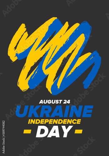 Independence Day in Ukraine. National happy holiday, celebrated annual in August 24. Ukrainian flag. Blue and yellow. Patriotic elements. Poster, card, banner and background. Vector illustration