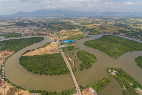 Krong Kampot landscape, Praek Tuek Chhu River, Elephant Mountains in Kampot Cambodia Asia Aerial Drone Photo photo