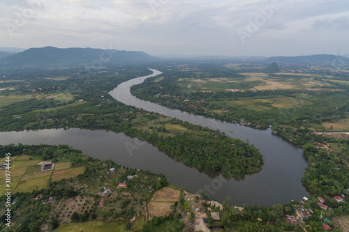 Krong Kampot landscape, Praek Tuek Chhu River, Elephant Mountains in Kampot Cambodia Asia Aerial Drone Photo photo