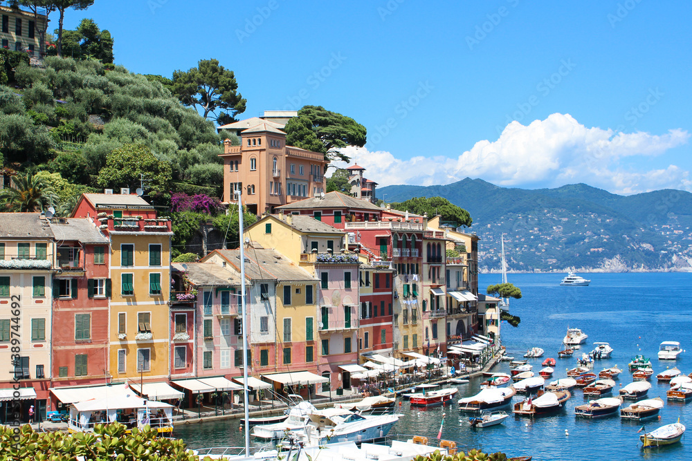 Summer sea view of beautiful city on Liguria coast - Portofino, Italian riviera.	
