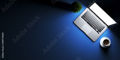 Top view of laptop concept with blue desk 3D rendering
