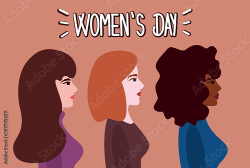 women's day cute hand drawn lettering text with modern flat design women character vector concept illustration