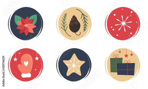 Vector set of logo design templates, icons and badges for social media highlight with cute christmas symbols