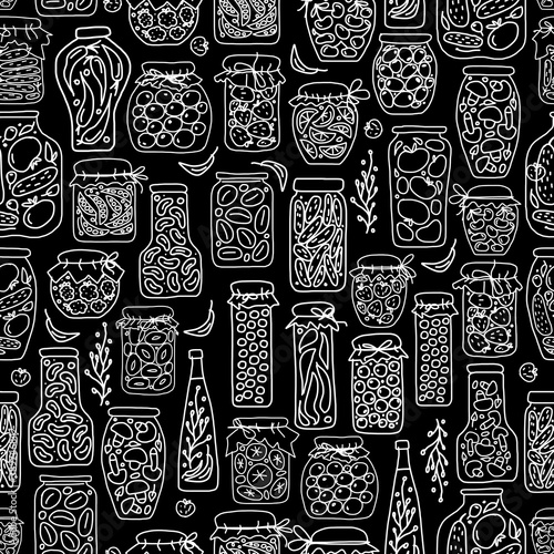 Seamless pattern with pickle jars fruits and vegetables